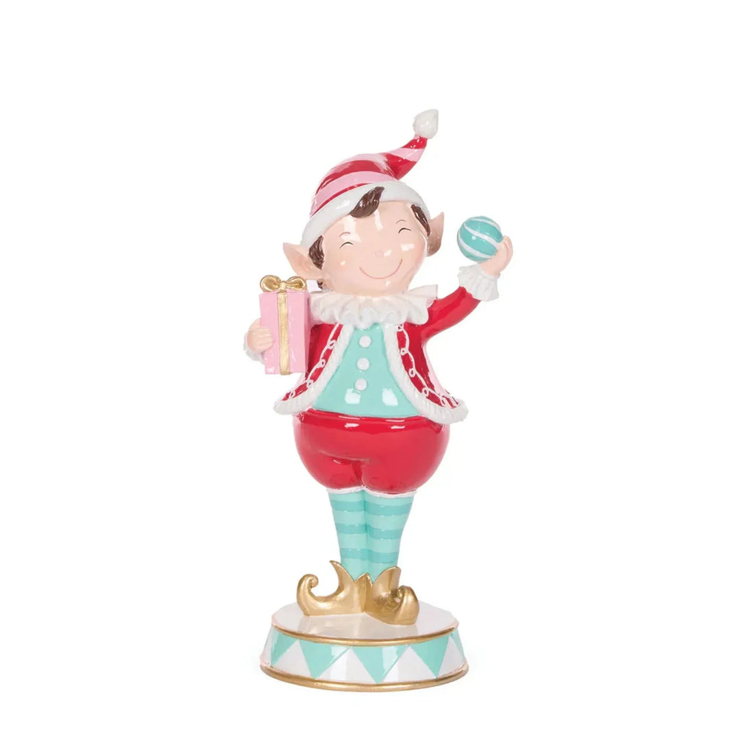 Cheerful Christmas elf figurine holding gift and ornament, festive home décor accent