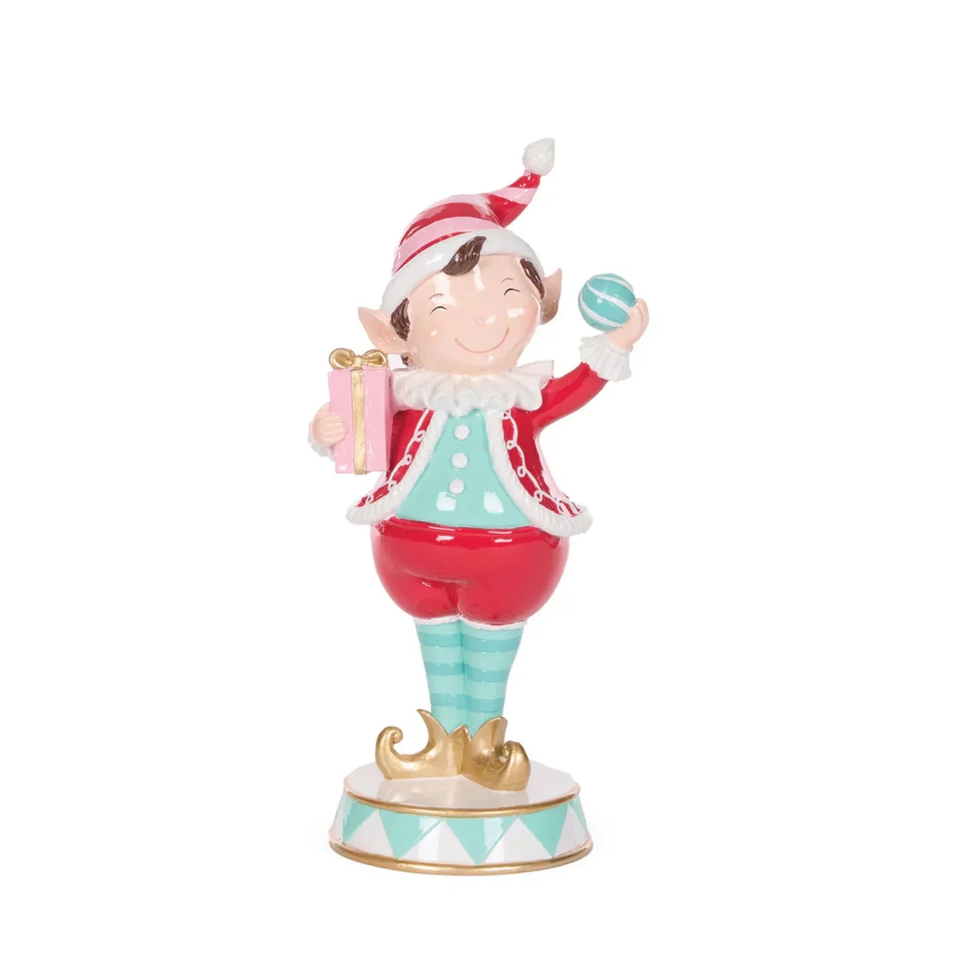 Cheerful Christmas elf figurine holding gift and ornament, festive home décor accent
