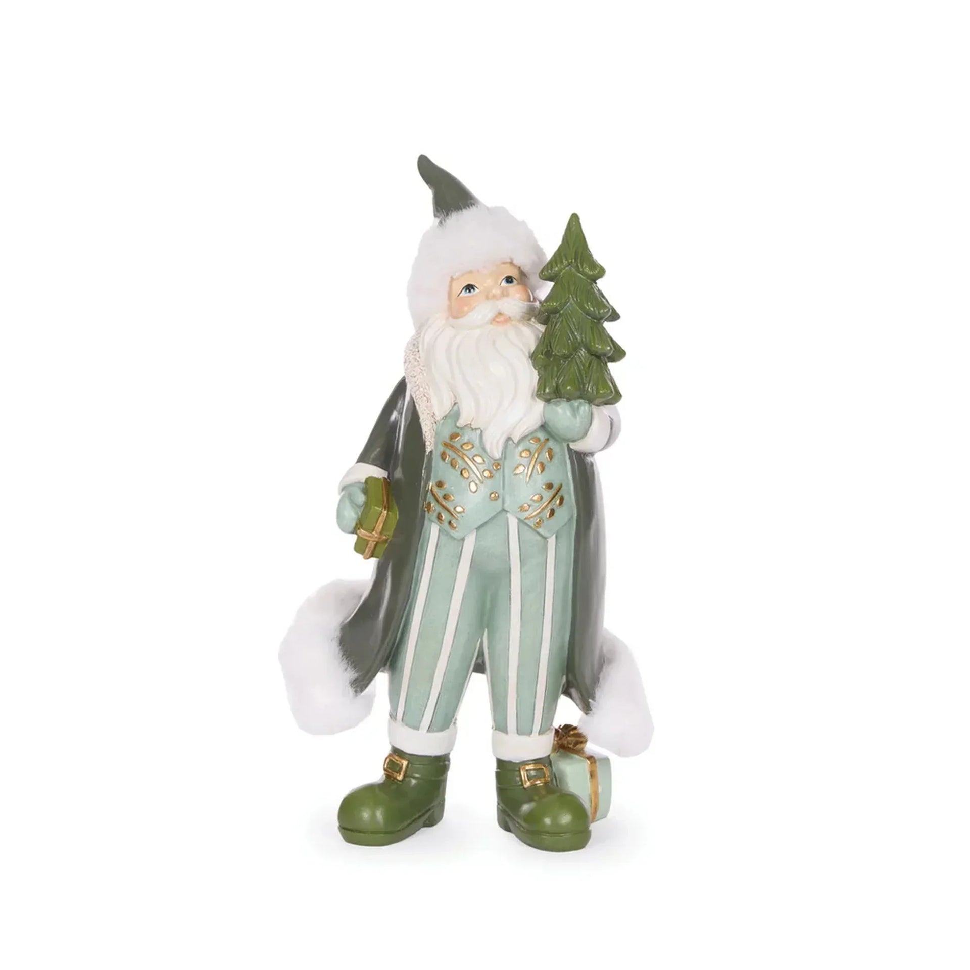 Green and white Santa figurine holding Christmas tree and gifts, festive holiday home decor