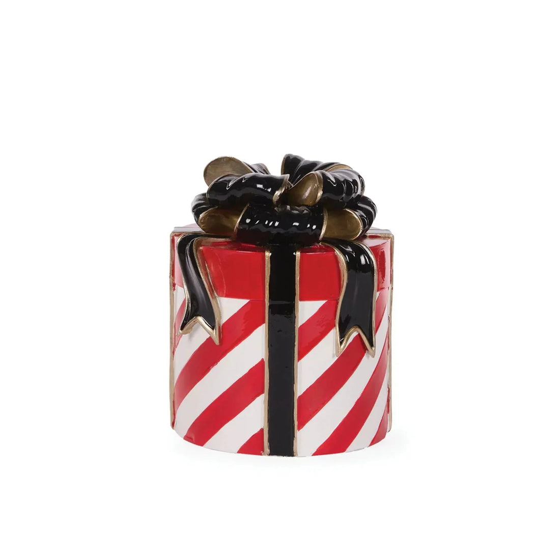 Red and white striped gift box with black and gold bow, festive home decor accent