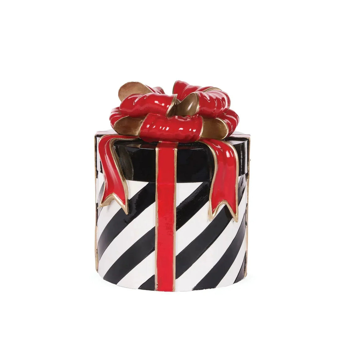 Black and white striped gift box with red ribbon and bow, elegant home décor accent