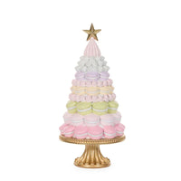 Pastel macaron Christmas tree decoration with gold star topper on ornate stand