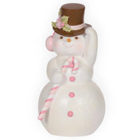 Glittery snowman figurine with pink candy cane, top hat, and floral accent for festive home décor