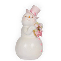 Glittery white snowman figurine with pink top hat and pastel wreath, festive home décor accent