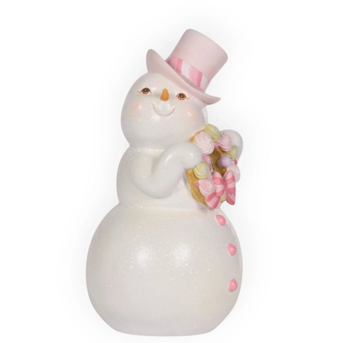 Glittery white snowman figurine with pink top hat and pastel wreath, festive home décor accent