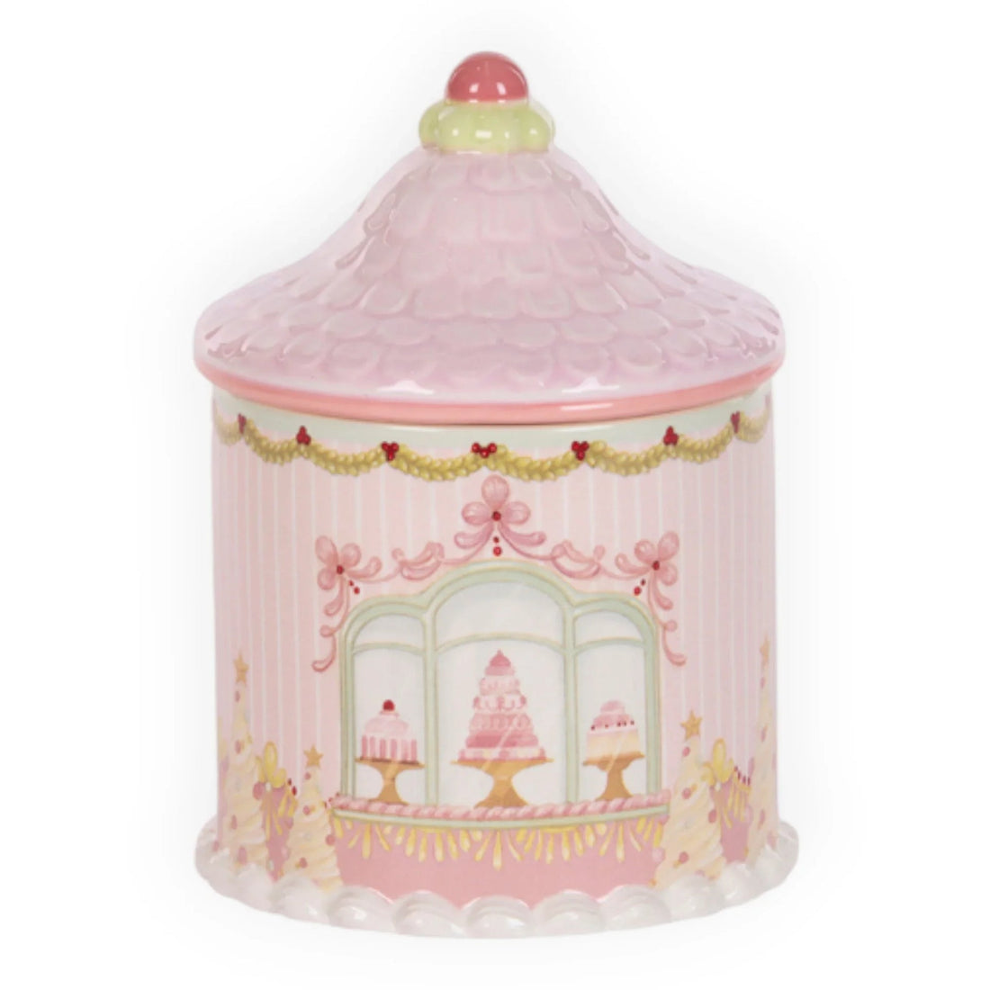 Pink ceramic cookie jar with cake shop window design, vintage home décor accent piece