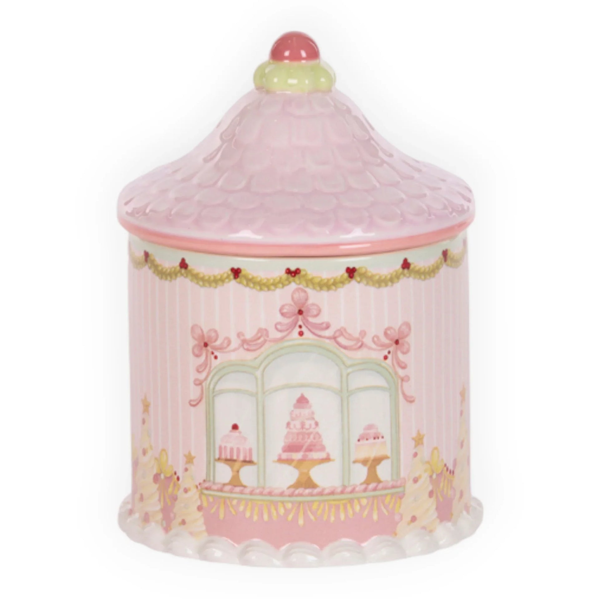 Pink ceramic cookie jar with cake shop window design, vintage home décor accent piece