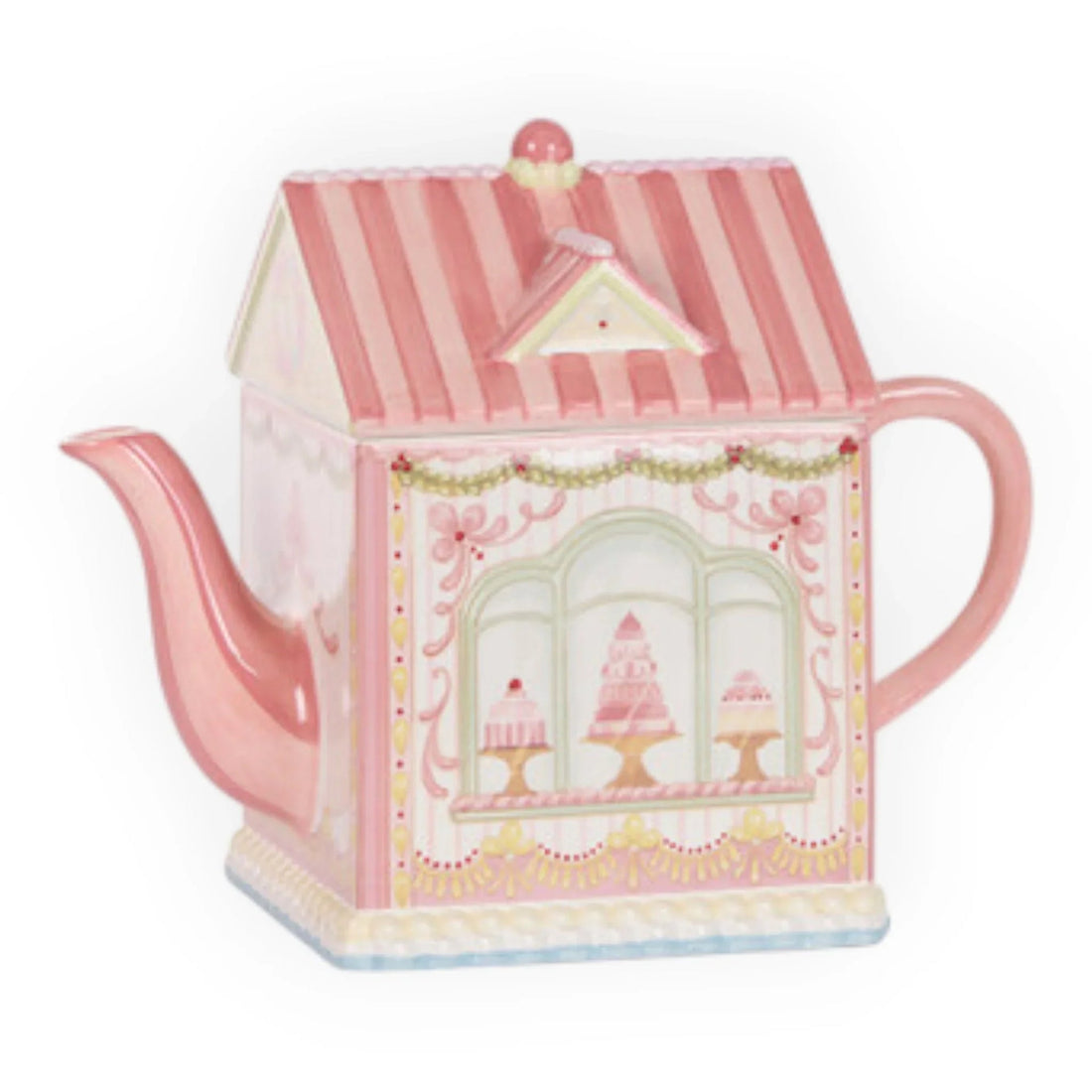 Pink cottage-style teapot with bakery window design, perfect for vintage home décor and tea lovers