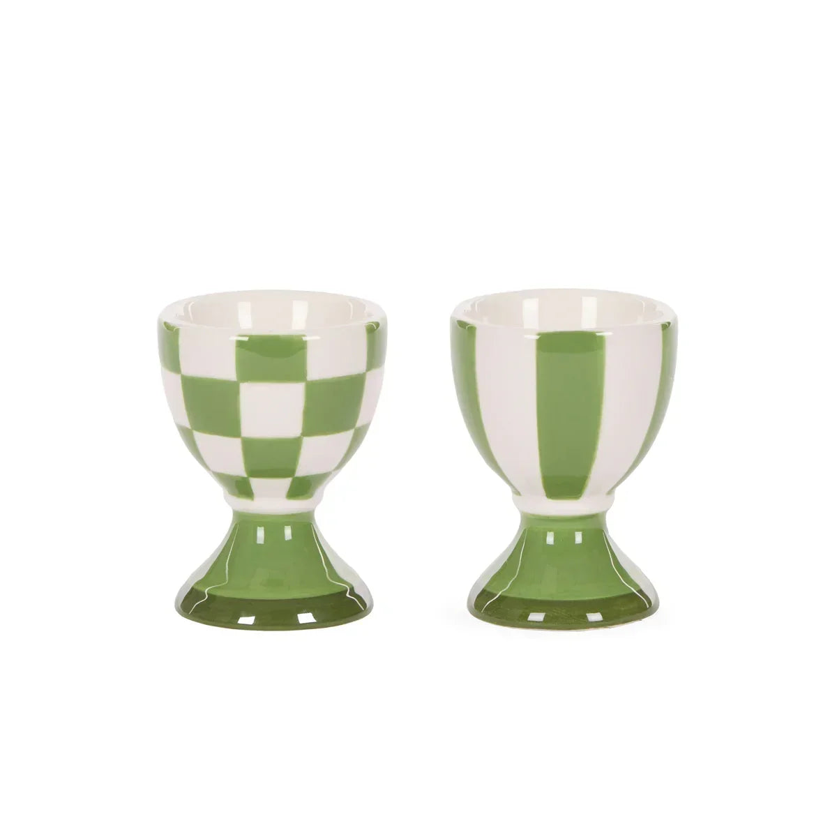 Green and white checkered ceramic egg cups, vintage-style home decor