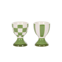 Green and white checkered ceramic egg cups, vintage-style home decor