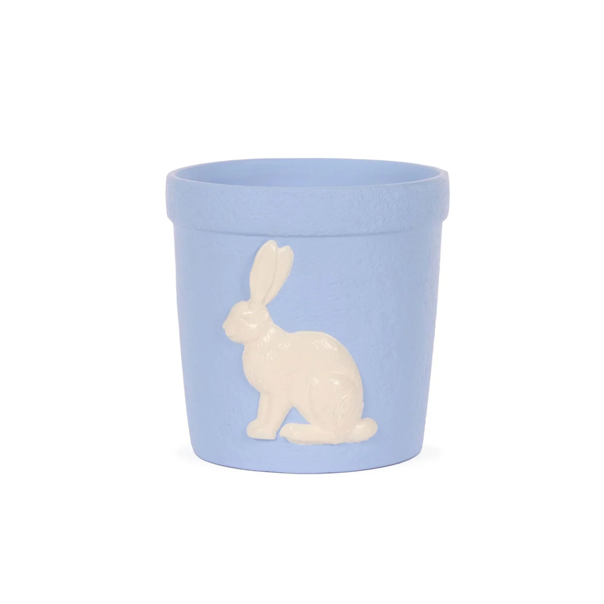 Light blue ceramic planter with white bunny relief, perfect for home décor and vintage-style interiors.