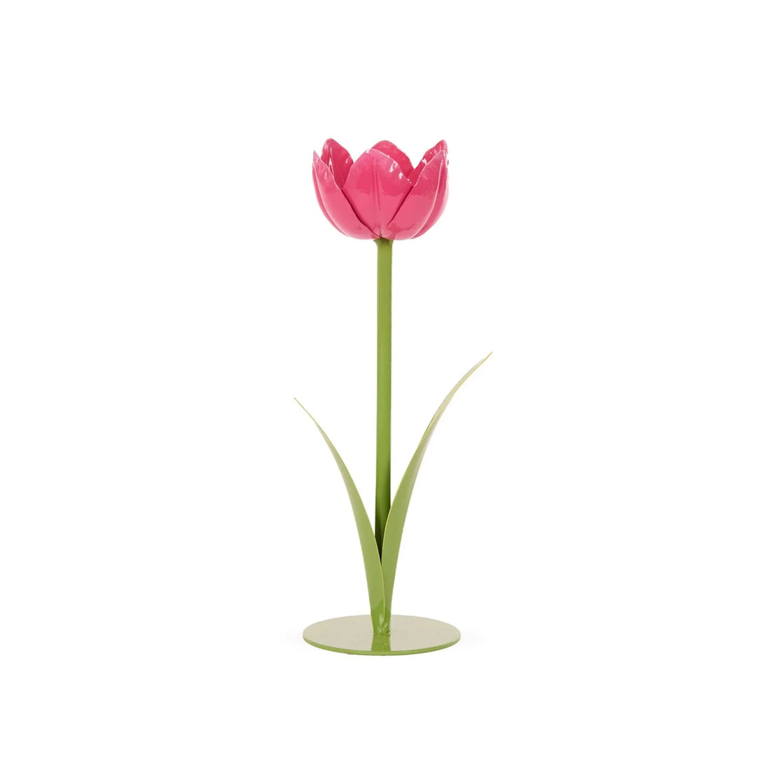 Pink metal tulip flower decoration with green stem and leaves, home décor accent piece