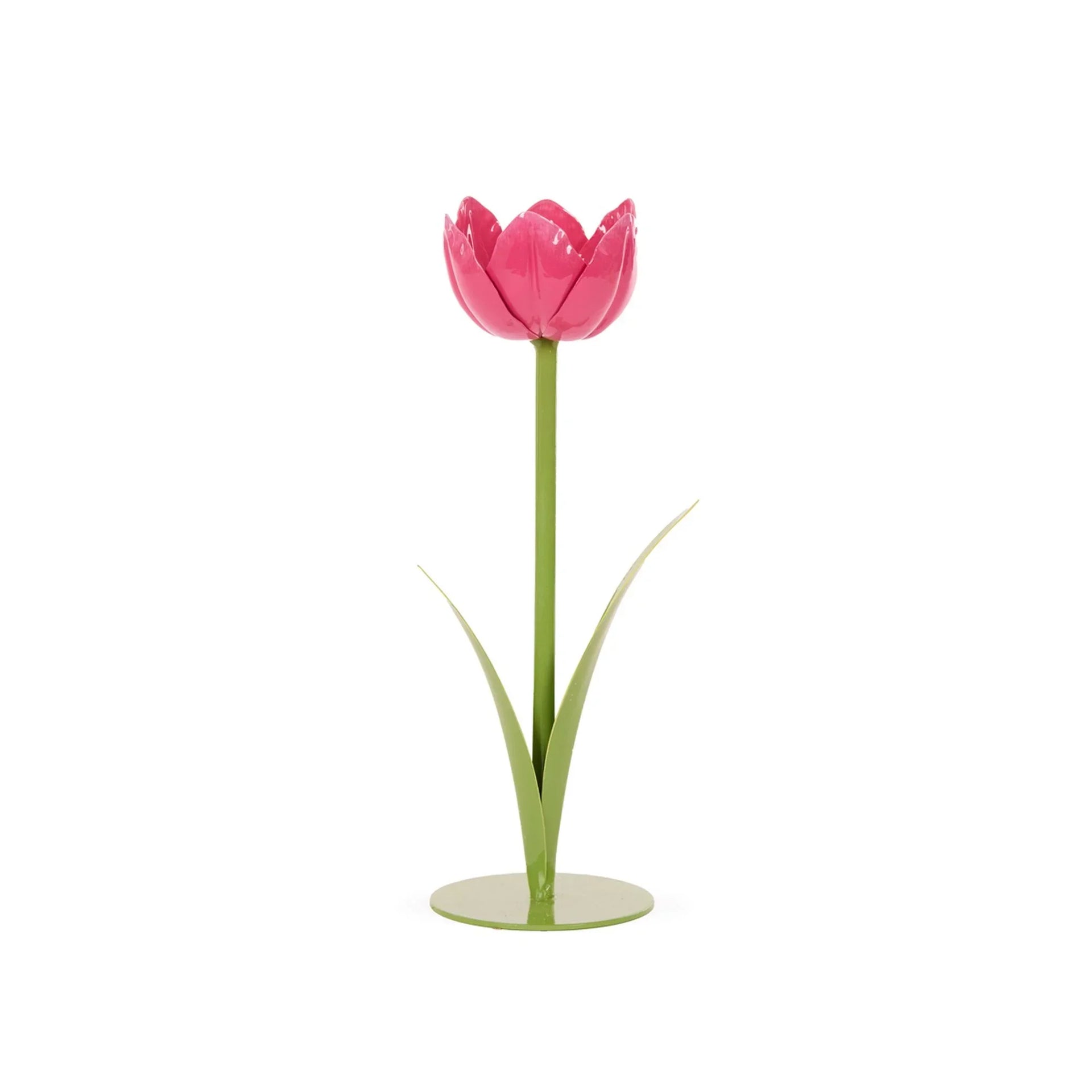 Pink metal tulip flower decoration with green stem and leaves, home décor accent piece