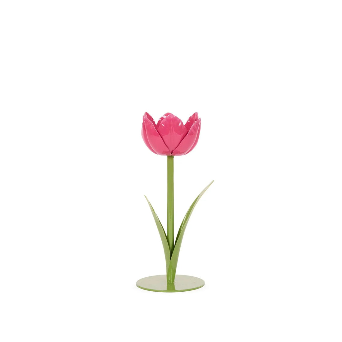 Pink metal tulip home decor with green stem and leaves, elegant tabletop accent piece