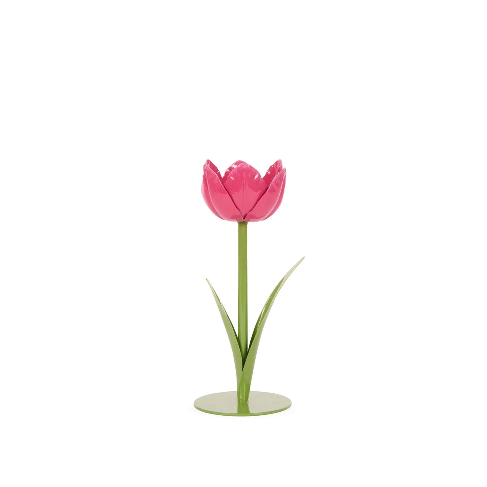 Pink metal tulip home decor with green stem and leaves, elegant tabletop accent piece
