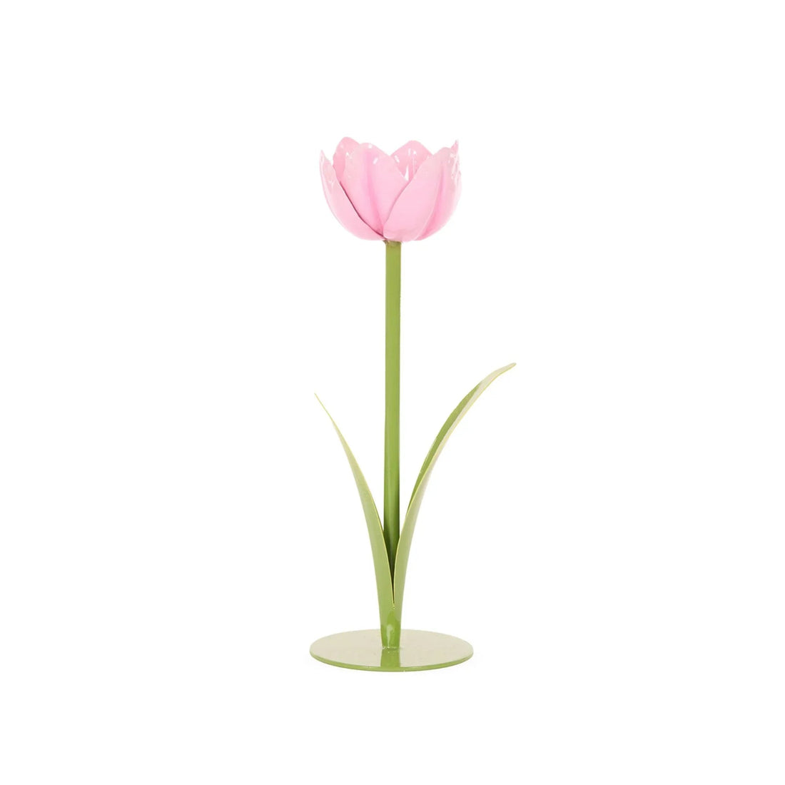 Pink metal tulip home decor with green stem and leaves, elegant tabletop accent piece