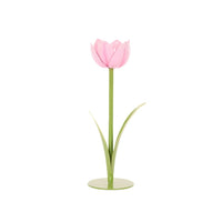Pink metal tulip home decor with green stem and leaves, elegant tabletop accent piece