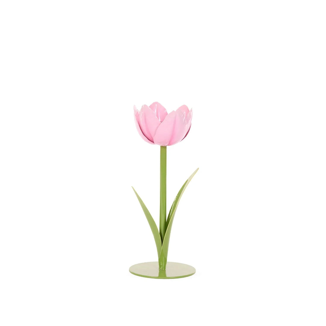 Pink metal tulip flower decor with green stem and leaves, elegant home accent piece