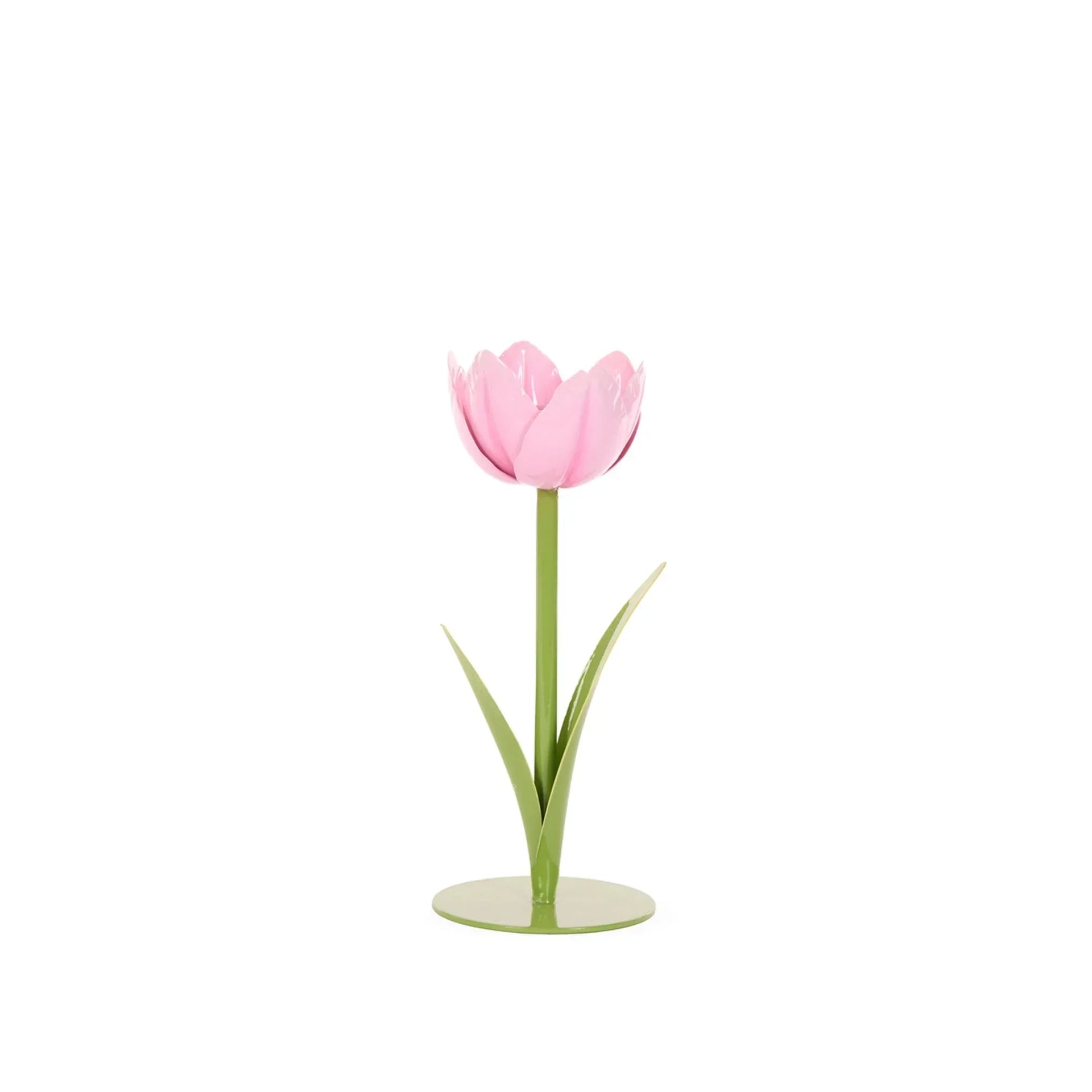 Pink metal tulip flower decor with green stem and leaves, elegant home accent piece