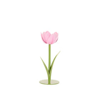 Pink metal tulip flower decor with green stem and leaves, elegant home accent piece