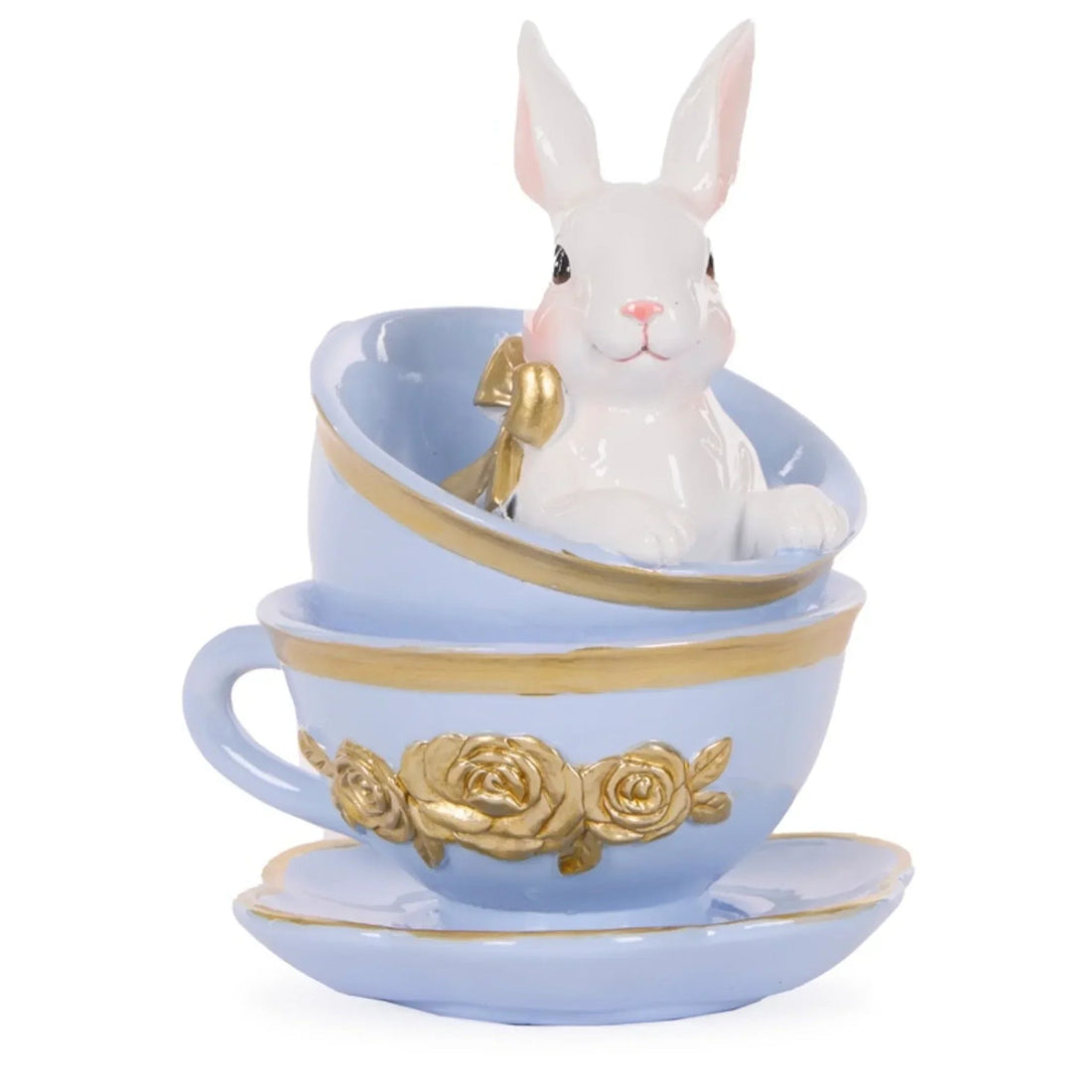 White bunny figurine in pastel blue teacup with gold roses, vintage home decor accent piece
