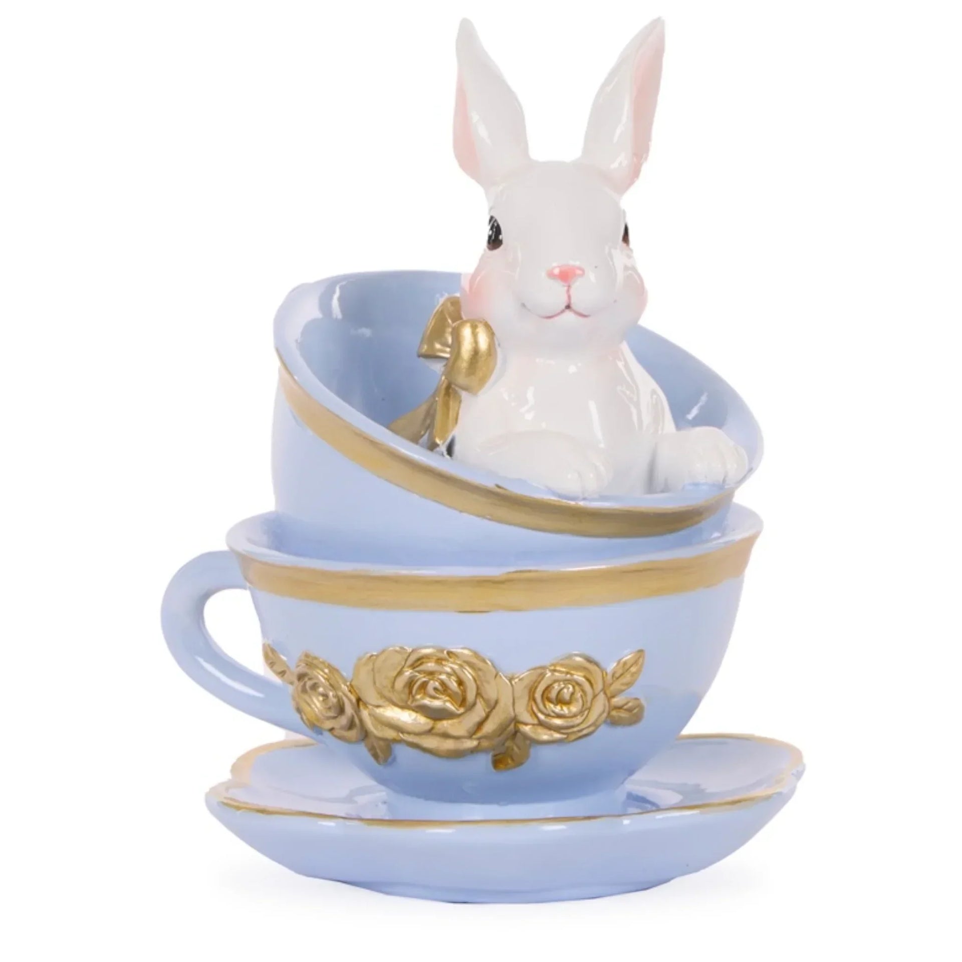 White bunny figurine in pastel blue teacup with gold roses, vintage home decor accent piece