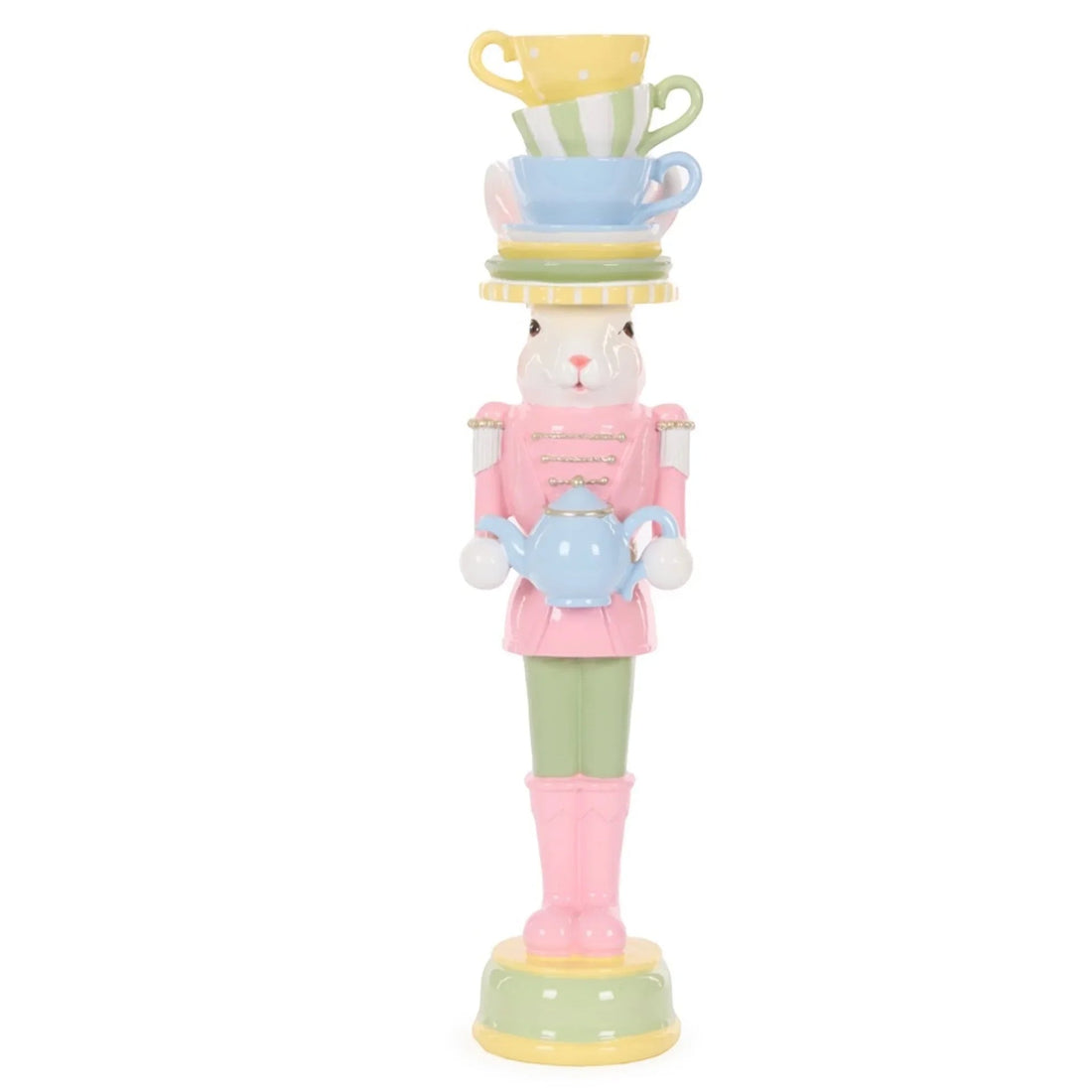 Pastel bunny nutcracker holding teapot, stacked teacups on head, home décor accent piece