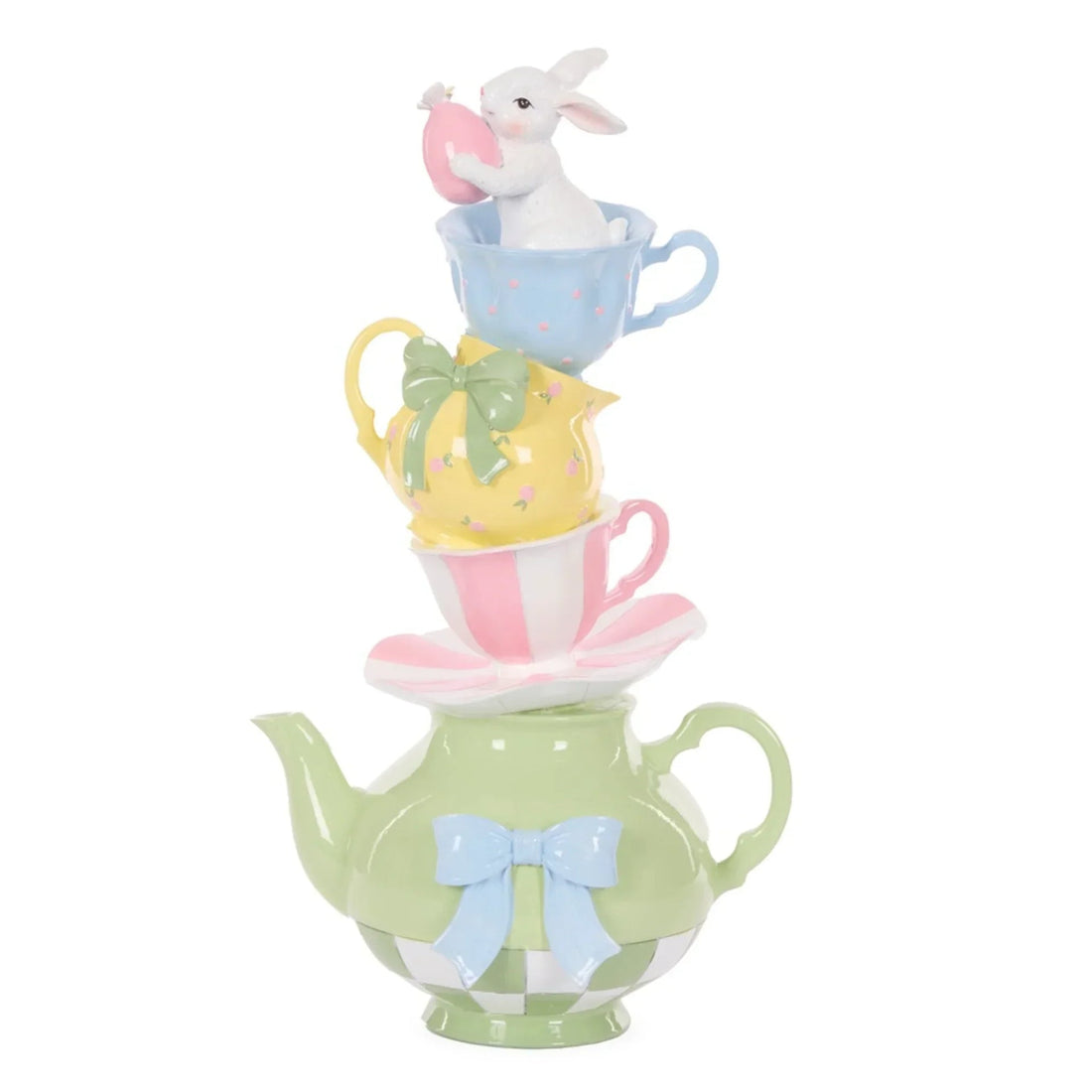 Pastel tea set with bunny holding egg, perfect for Easter home décor and vintage kitchen accessories