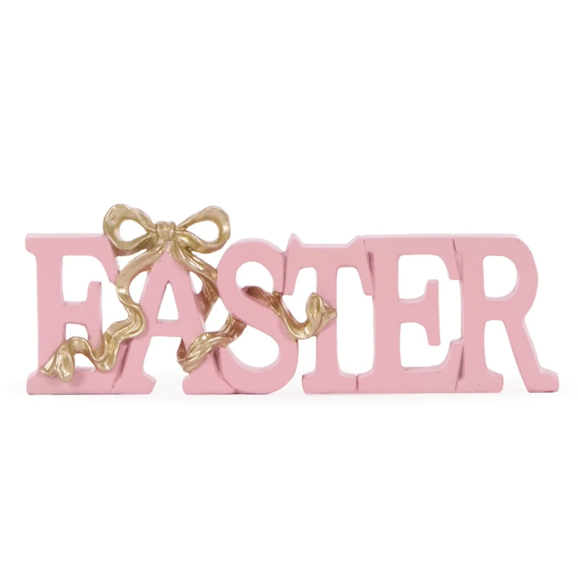 Pink Easter sign with gold bow, home décor accent for spring holidays