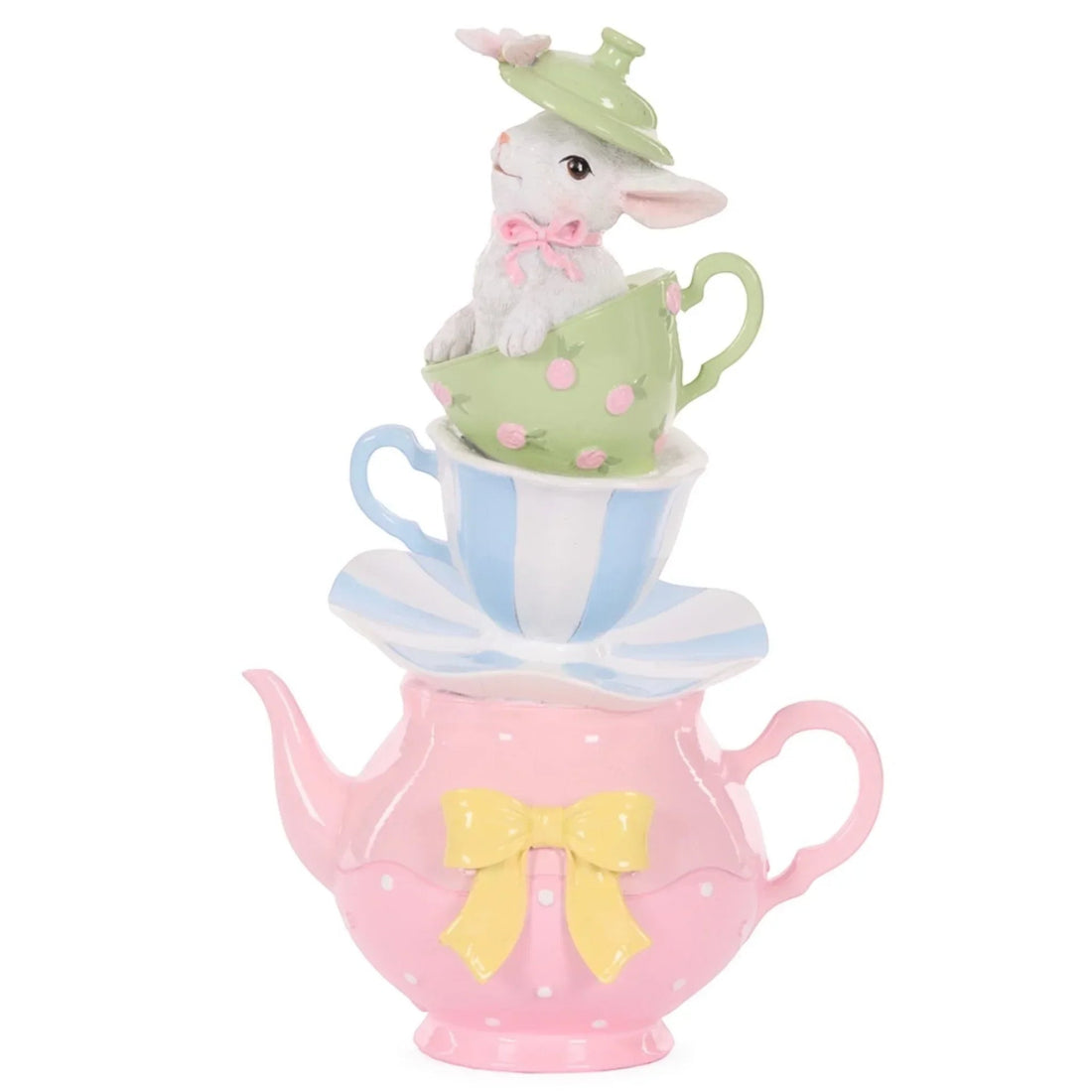 Charming bunny figurine in pastel teacup stack, perfect for vintage home décor and Easter displays.