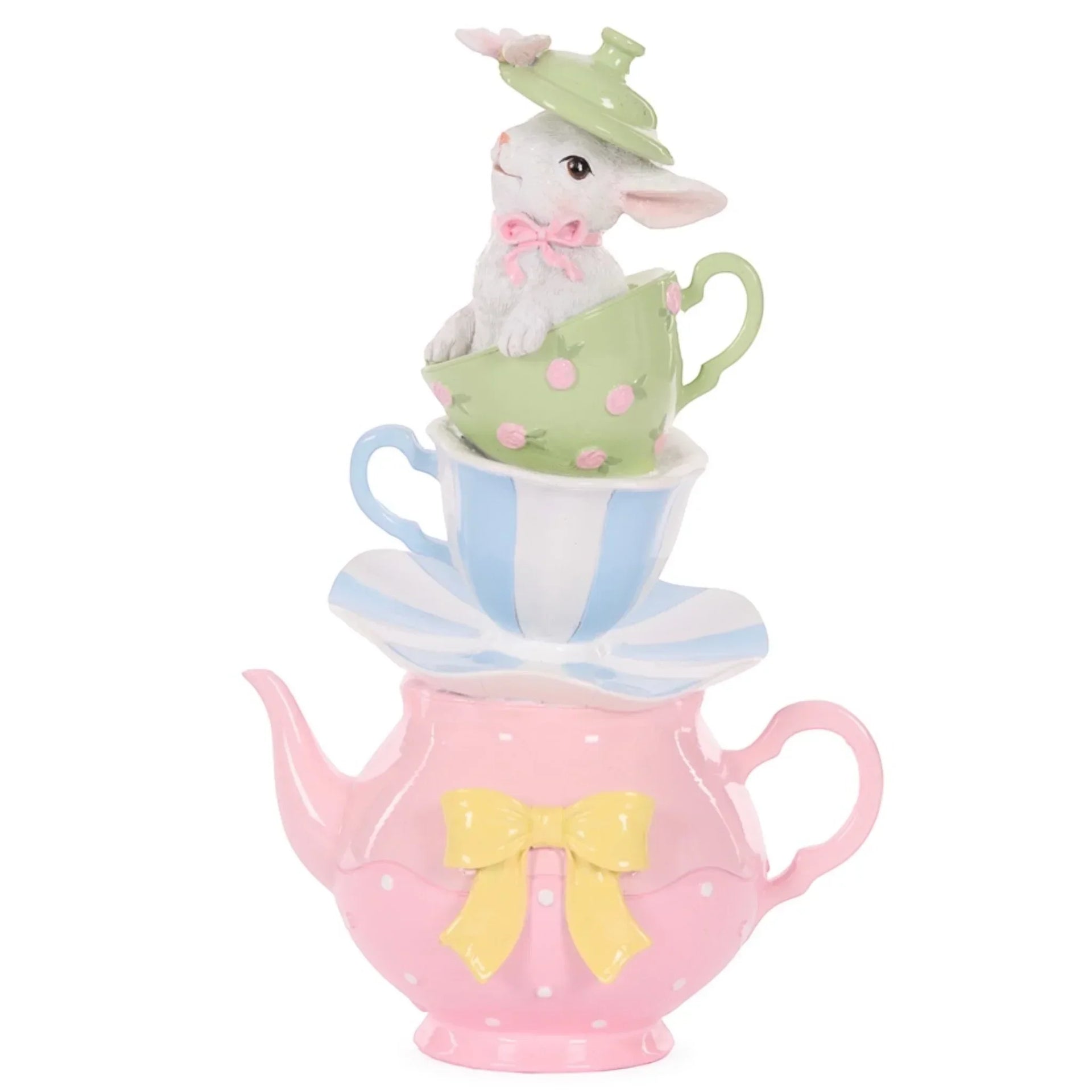 Charming bunny figurine in pastel teacup stack, perfect for vintage home décor and Easter displays.