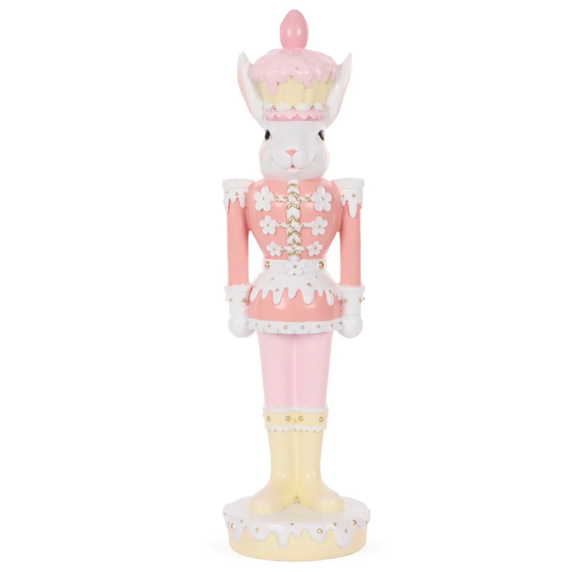 Pink bunny nutcracker figurine with floral details, perfect for Easter home décor and vintage-inspired interiors