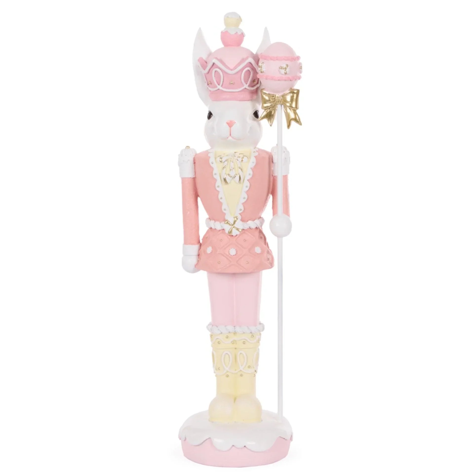Pink bunny nutcracker figurine with crown and scepter, elegant home décor accent