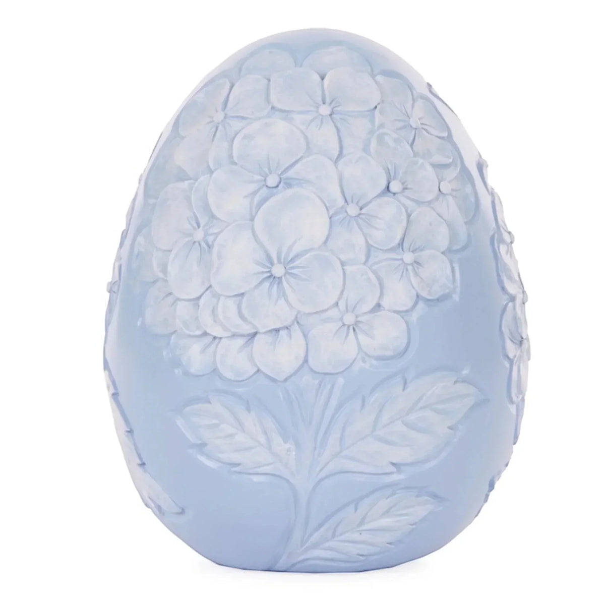 Pale blue ceramic egg with embossed hydrangea flowers and leaves, elegant home décor accent piece