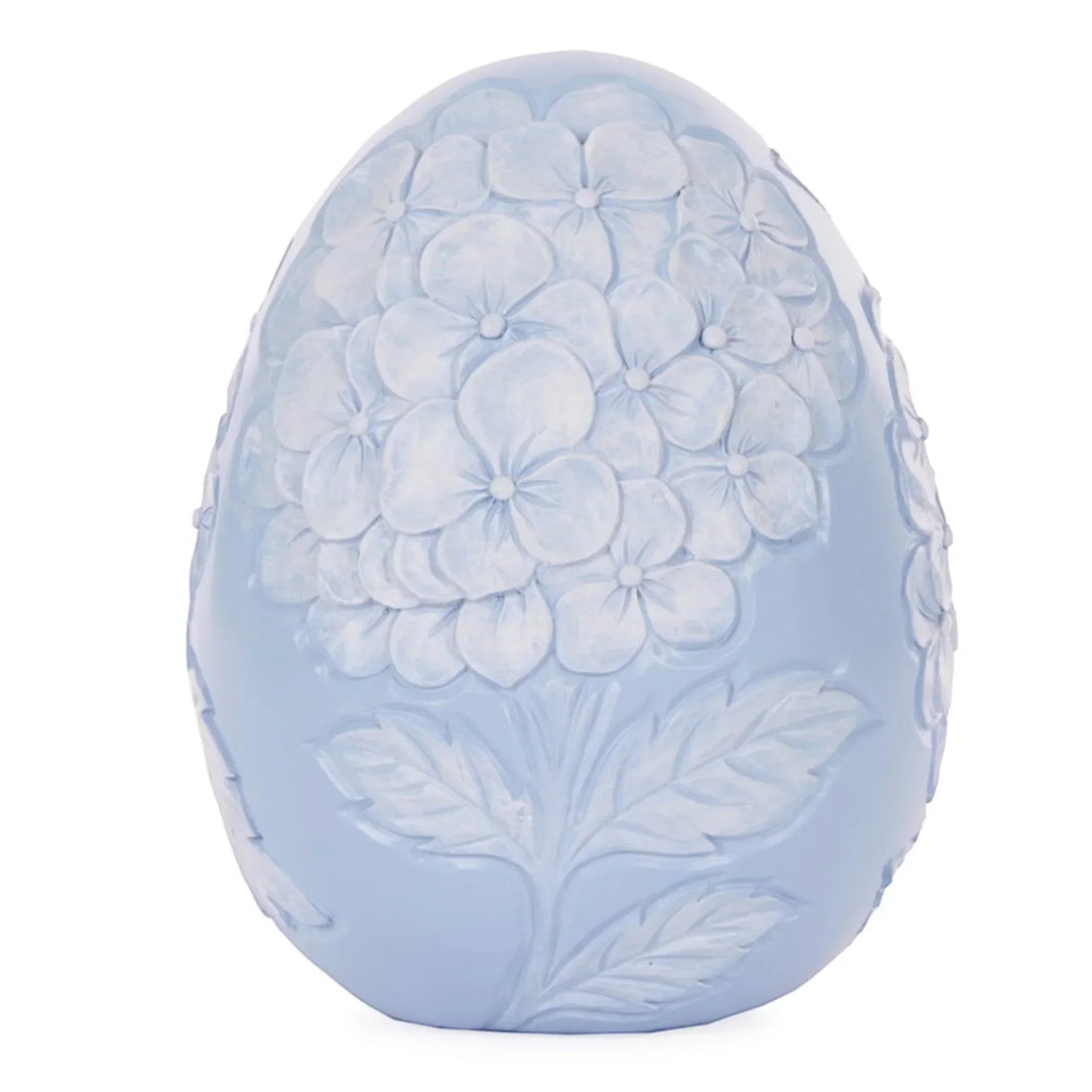 Pale blue ceramic egg with embossed hydrangea flowers and leaves, elegant home décor accent piece