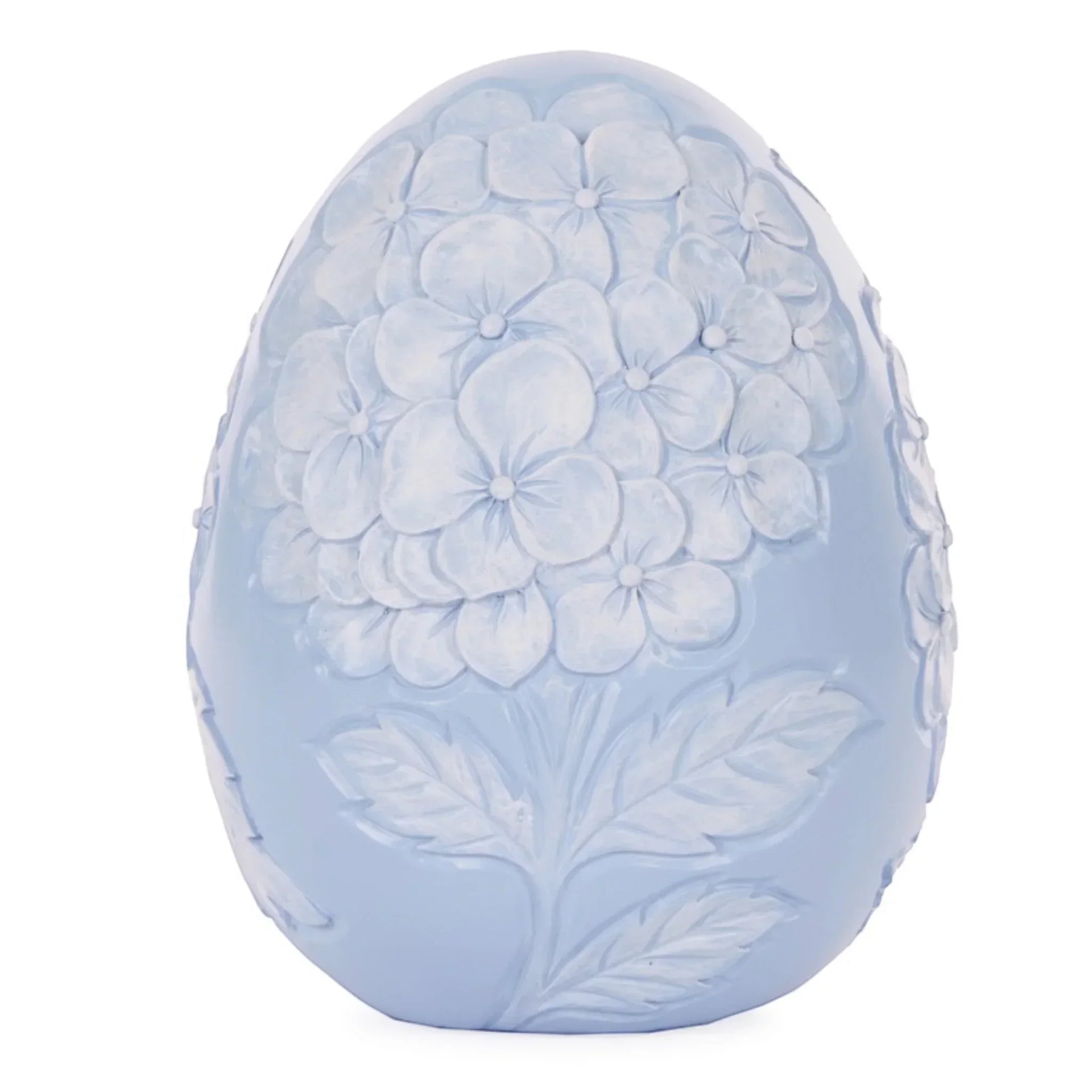 Pale blue ceramic egg with embossed hydrangea flowers and leaves, elegant home décor accent piece