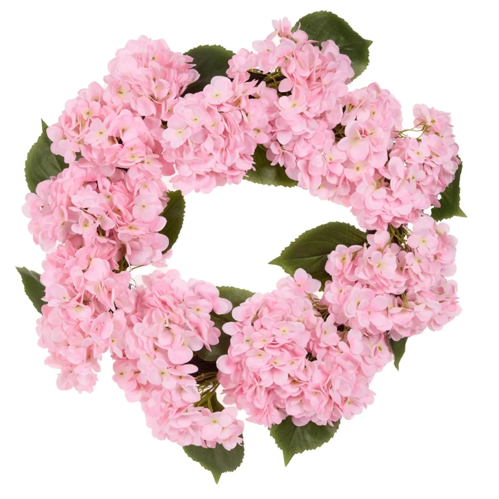 Pink hydrangea wreath with lush green leaves, perfect for home décor and vintage-inspired interiors.