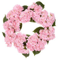 Pink hydrangea wreath with lush green leaves, perfect for home décor and vintage-inspired interiors.
