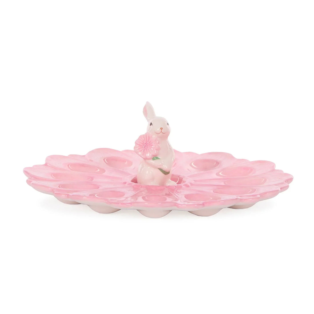 Pink ceramic bunny holding flower on scalloped tray, vintage-style home décor accent piece