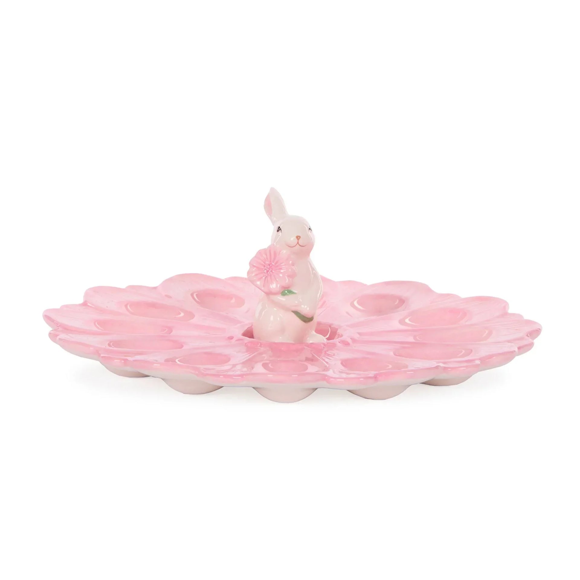 Pink ceramic bunny holding flower on scalloped tray, vintage-style home décor accent piece