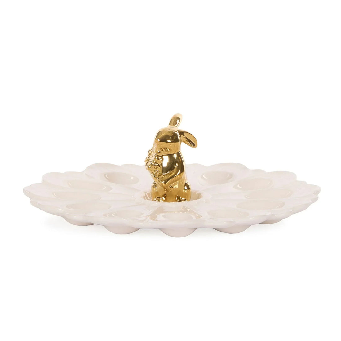 Gold bunny figurine on white scalloped tray, elegant home décor accessory