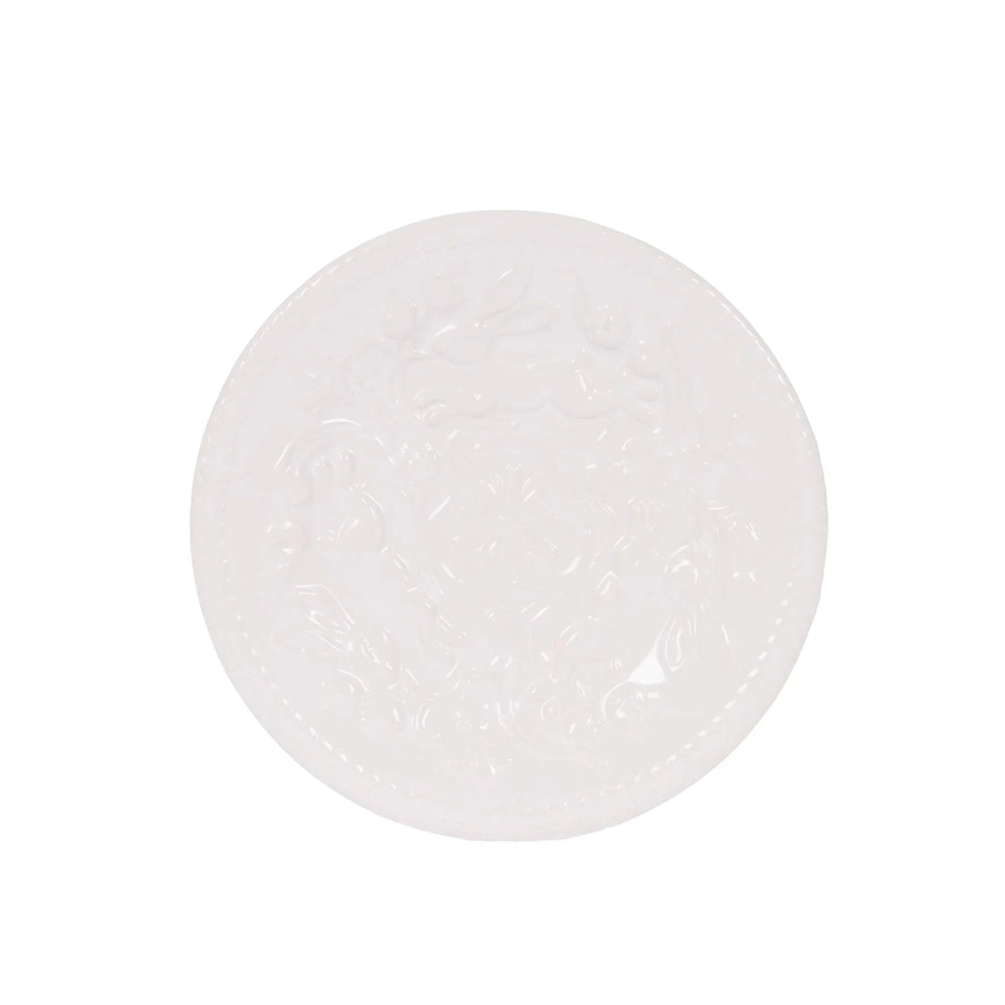 White ceramic plate with embossed floral design, elegant home decor accent piece