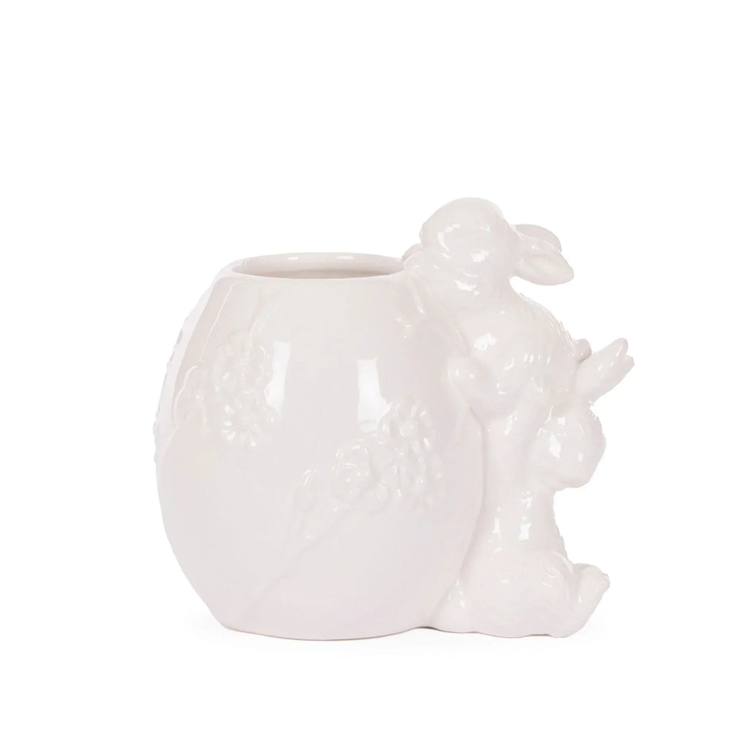 White ceramic bunny vase with floral details, elegant home décor accent piece