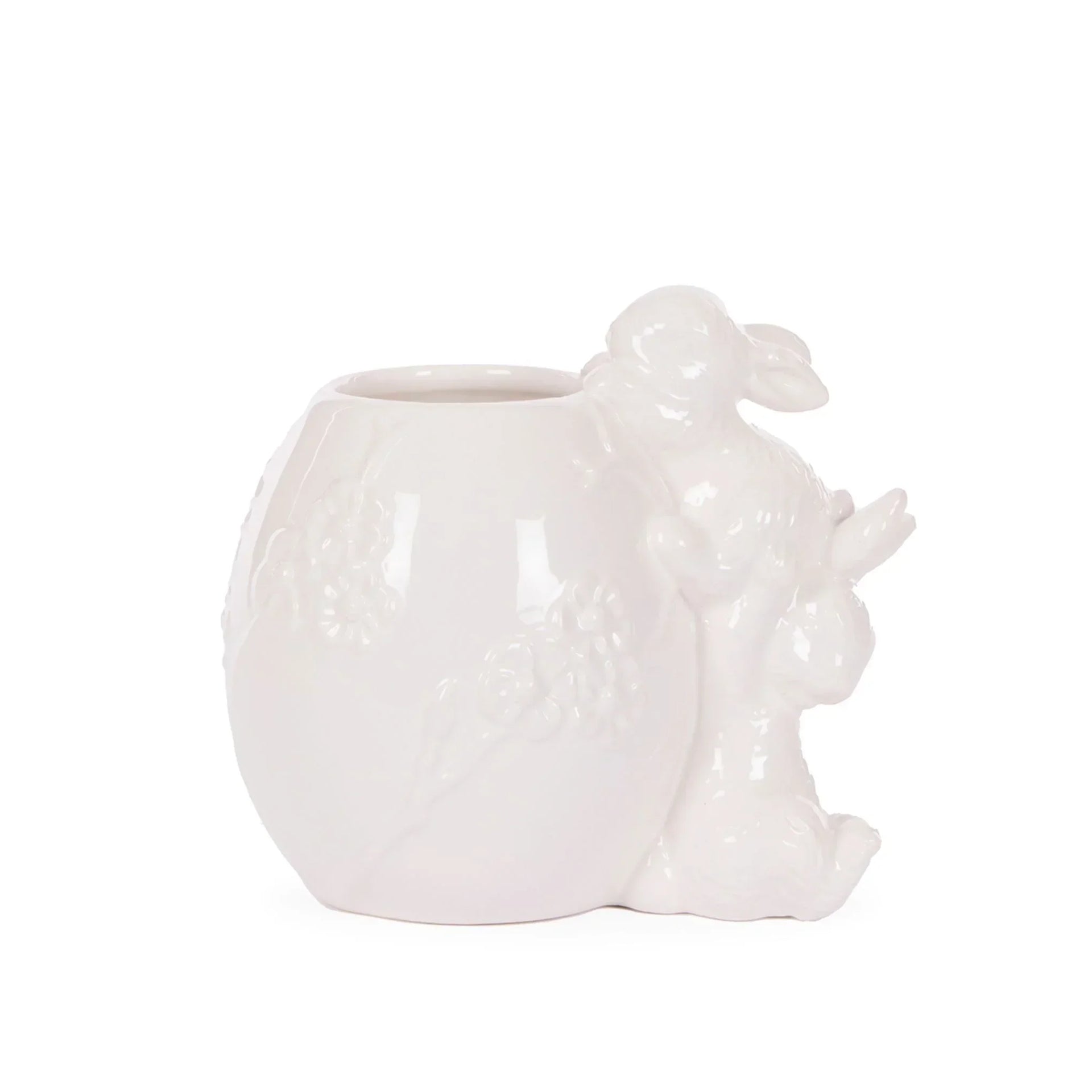 White ceramic bunny vase with floral details, elegant home décor accent piece
