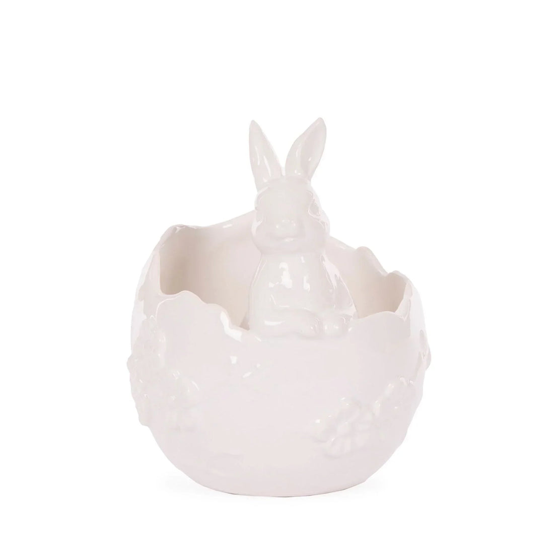 White ceramic bunny in eggshell bowl, Easter home decor accent piece