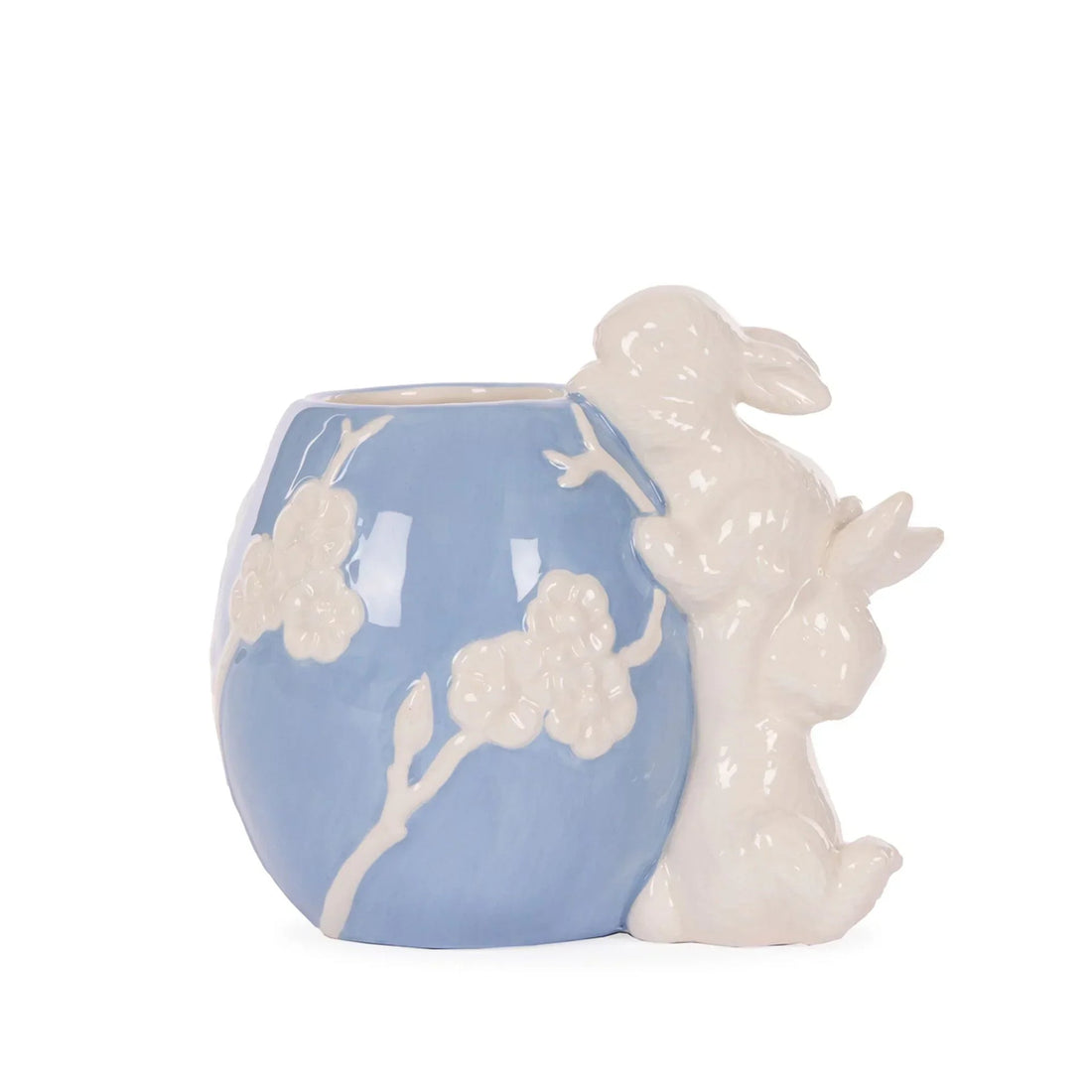 Blue ceramic vase with white bunny and floral relief, elegant home decor accent piece