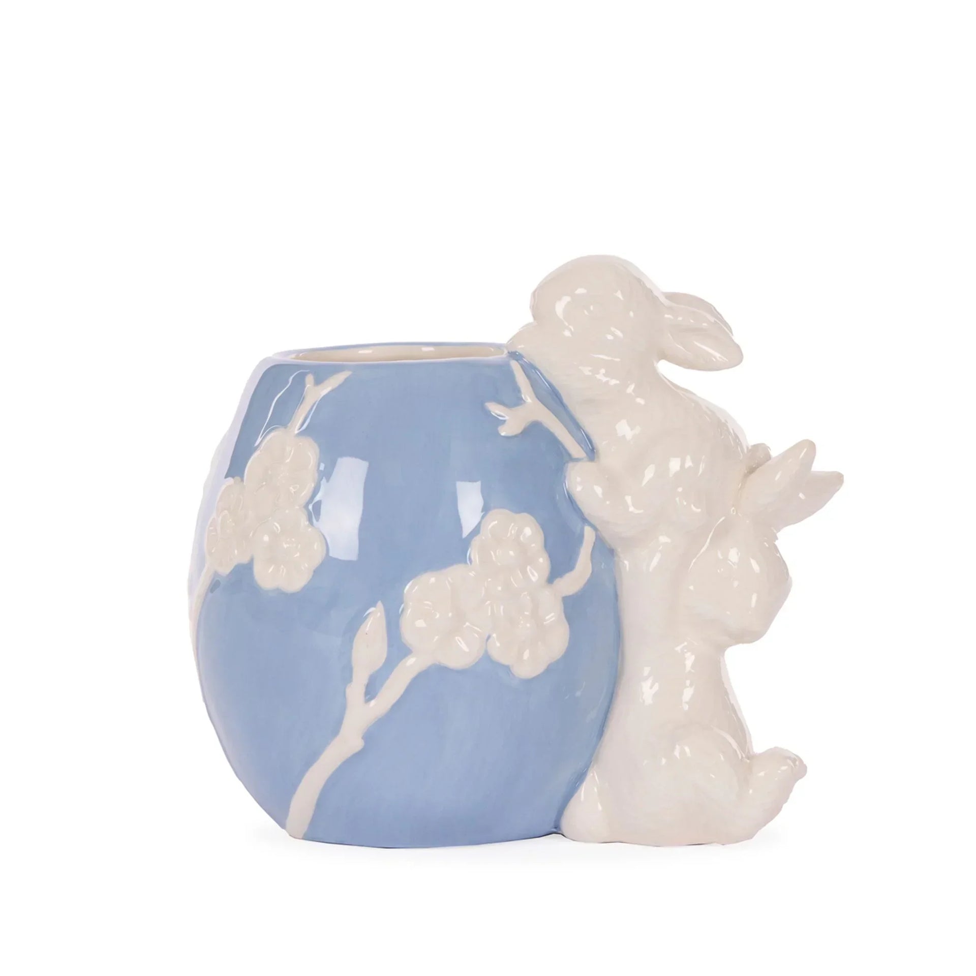 Blue ceramic vase with white bunny and floral relief, elegant home decor accent piece