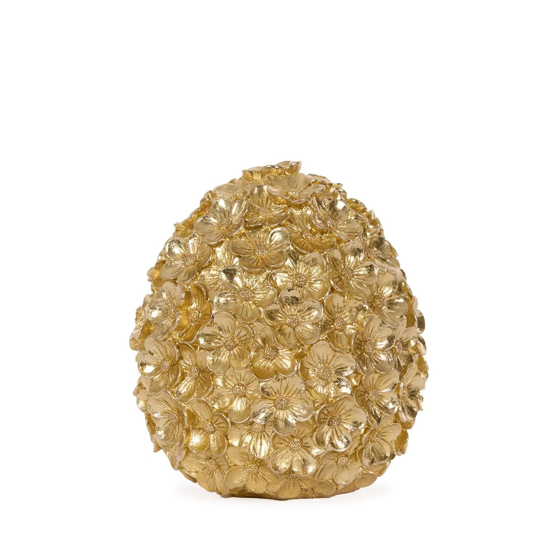 Golden floral egg-shaped home decor with intricate flower details, perfect for elegant interior styling.