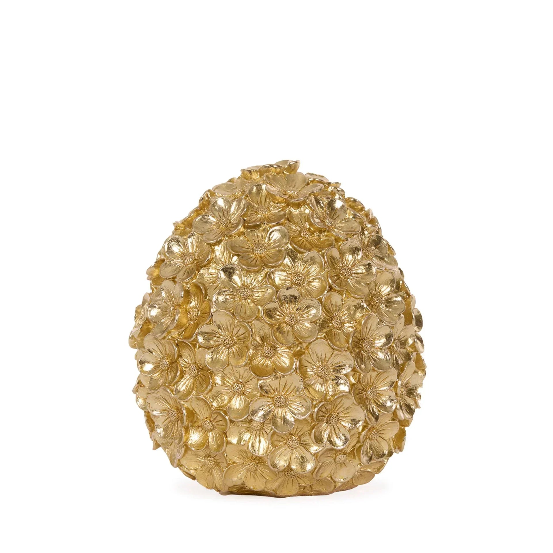 Golden floral egg-shaped home decor with intricate flower details, perfect for elegant interior styling.