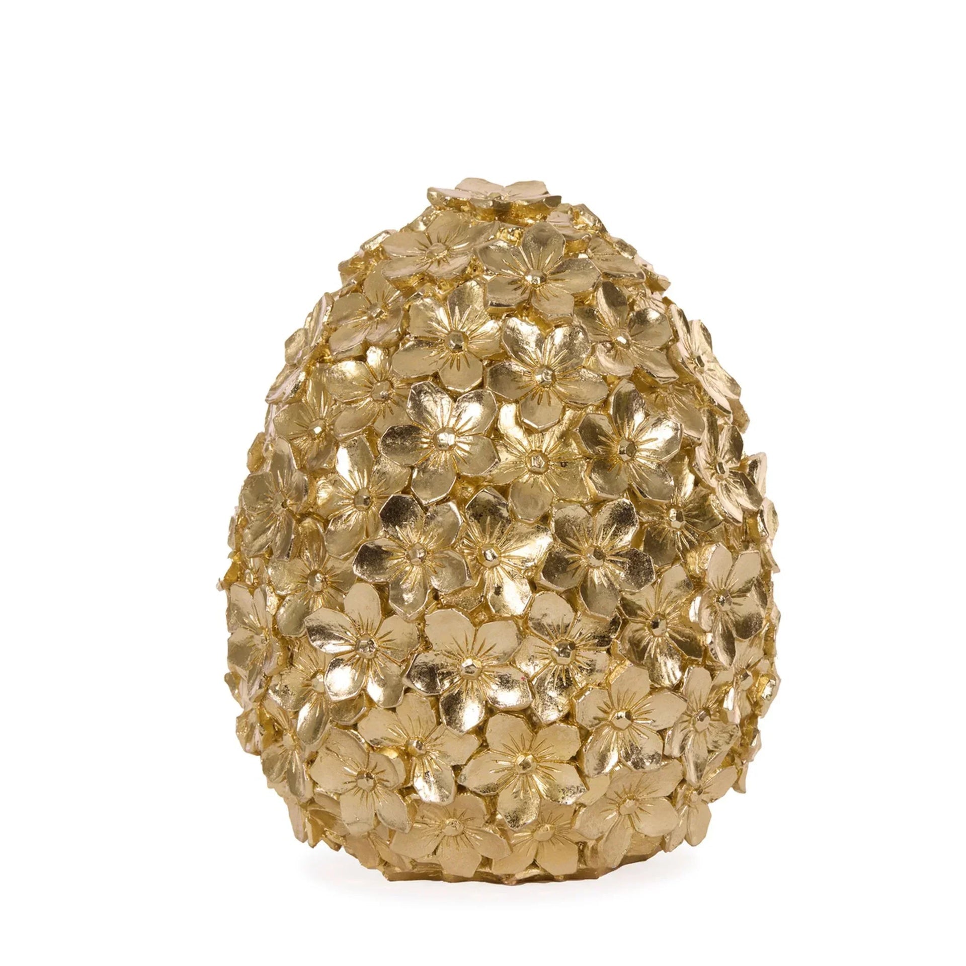 Golden floral egg sculpture, luxury home décor accent piece with intricate blossom details